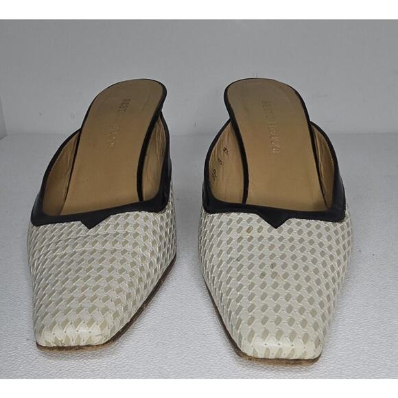 Sesto Meucci Mules Beige White Checkered Print Leather Slip On Heels Size 8 - Picture 3 of 11